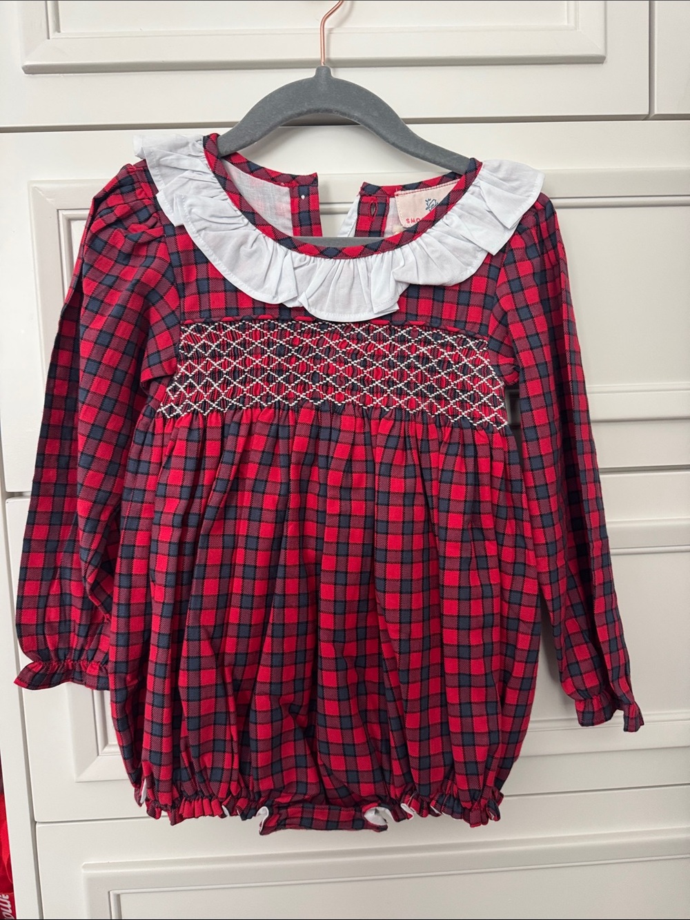 Red & Navy Plaid Smocked Bubble Bodysuit with White Ruffle Collar - Kids